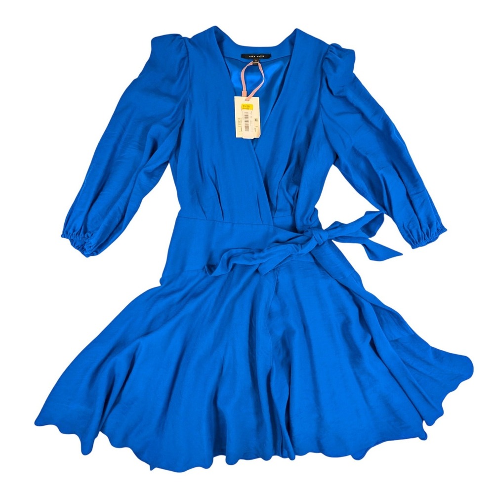 Alex Marie Royal Blue Wrap Dress Puff Sleeve V-Neck Cocktail Wedding Size 4 - Picture 2 of 14